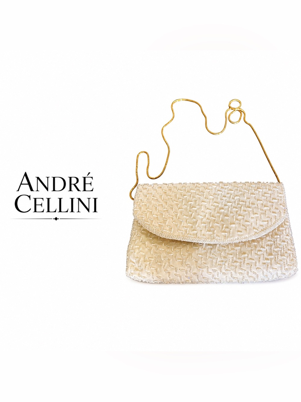 Vintage André Cellini White Iridescent Beaded Evening Clutch Gold Chain Purse